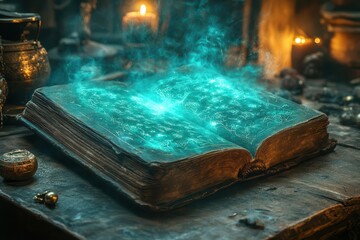 mystical book of spells ancient tome on aged wooden table pages glowing with arcane symbols swirling mist candlelight magical artifacts scattered around