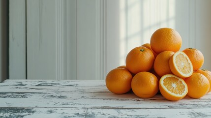 a pile of fresh oranges with a few cut in half, showcasing vibrant color and texture.