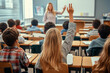 © Alex - Children at school. Children in a Classroom Raising Hands for Participation During Lesson - Engaged Children Learning with Female Teacher, Diverse Group of Students in Educational Environment