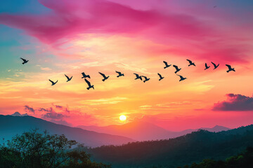 Wall Mural - A stunning sunset with birds flying over vibrant landscape