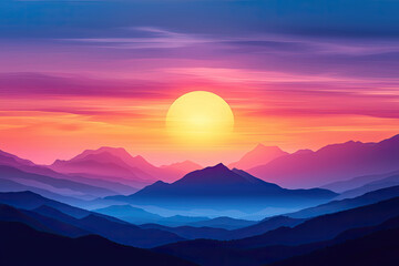 Wall Mural - A vibrant sunset over paradise landscape with silhouettes of mountains