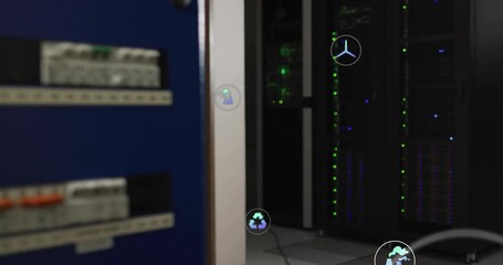 Poster - Animation of ecology icons and data processing over server room