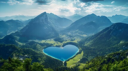 Wall Mural - Mountain and lake view enclosed in heart shape image