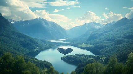 Canvas Print - Nature framed in heart shape with lake, mountains picture