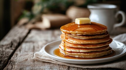 Wall Mural - A stack of fluffy pancakes topped with butter and syrup on a rustic wooden table.