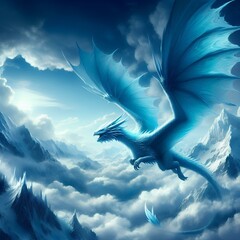 Wall Mural - an icy blue dragon with vast wings soars through a cloudy sky surrounded by snow-covered mountain to
