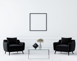 A sleek contemporary living room with monochrome furniture, a glass coffee table, and a bold geometric sculpture as the centerpiece, 3D rendering, Clean and modern