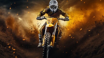 Wall Mural - Motocross pilot in a turn during sunset with golden smoke on dirt track. Neural network ai generated art