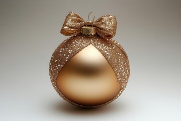 ornate golden christmas bauble with intricate ribbon and luxurious bow shimmering surface reflecting light isolated against a neutral backdrop festive elegance personified