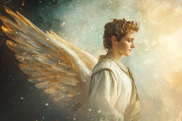 Wall Mural - A serene angelic figure with golden wings, embodying divine guidance and peace