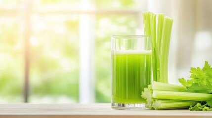 A glass of green celery juice beside fresh celery stalks on a wooden table.