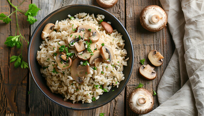 Canvas Print - Bowl with tasty brown rice and mushrooms on color wooden table