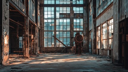 Poster - Abandoned industrial space with large windows and machinery, showcasing decay and light.