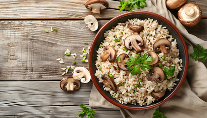 Canvas Print - Bowl with tasty brown rice and mushrooms on color wooden table