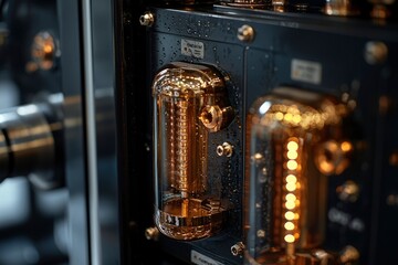 Wall Mural - Close-up of a Gold Vacuum Tube with Water Droplets on Black Panel