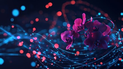 Wall Mural - A vibrant digital artwork featuring orchids amidst glowing particles and flowing lines.