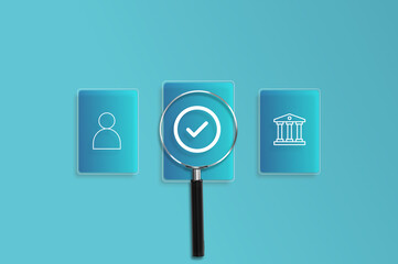 Magnifying glass focuses on Standard quality control certification assurance concept, checkbox icon of guarantee	