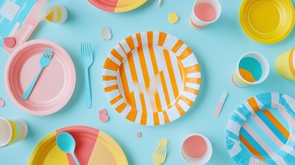 Wall Mural - Colorful paper plates and cups arranged for a festive gathering.