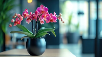 A vibrant orchid arrangement in a sleek black pot, enhancing the modern interior ambiance.