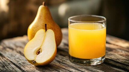 Sticker - A pear beside a glass of juice on a rustic wooden surface.