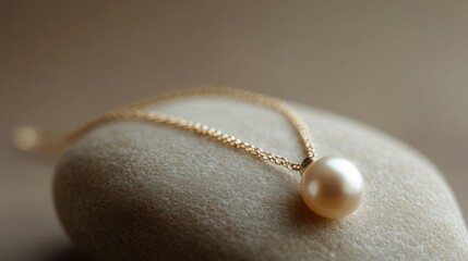 A minimalist close-up of a pearl pendant necklace resting on smooth, textured stone, with neutral tones in the background.