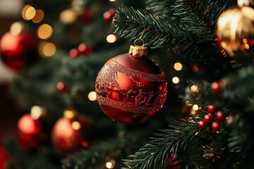 Red and gold Christmas decorations on the Christmas tree in the loft interior close-up.New Year's and Christmas background.Selective focus with shallow depth of field.