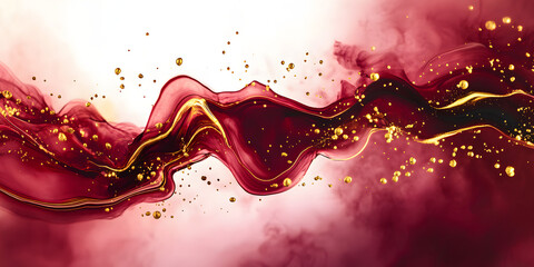 Wall Mural - Abstract dark wine red ink acrylic splashes background with fine golden elements lines