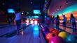 © BerkahStock - A vibrant bowling alley scene with colorful balls and people enjoying the game.