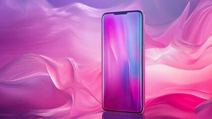 A phone on a pink and purple neon background.