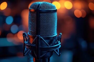 professional studio microphone in dramatic lighting closeup shot highlighting intricate details symbolizing music production podcasting and vocal performance