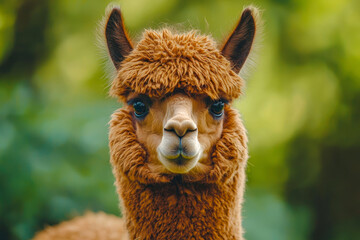 Portrait of brown color alpaca in open zoo or contact farm. Funny looking animal.