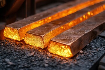 Wall Mural - Glowing Gold Bars on a Bed of Coal