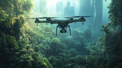 Futuristic AI-driven wildlife monitoring systems: Drones capturing data on endangered species in remote environments.