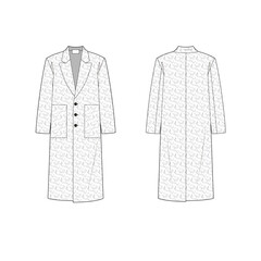 Wall Mural - Oversize long coat vector sketch. Lapel collar long sleeve outerwear with three buttons. Short fur wool texture and oversize patch pockets.