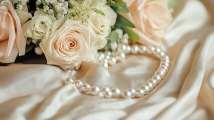 A pearl necklace lying beside a bridal bouquet on a silk cloth, creating a soft, romantic wedding scene.