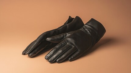 A pair of elegant black leather gloves resting on a smooth surface.