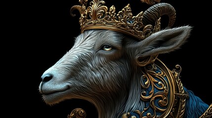 A regal goat adorned with a golden crown and ornate decorations.