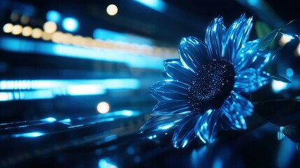 Sticker - A glowing blue sunflower against a backdrop of vibrant lights.