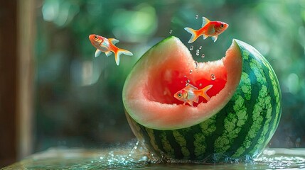 Poster - A hollowed-out watermelon rind used as a fish tank, with a few small fish swimming inside. One fish is leaping out of the water.