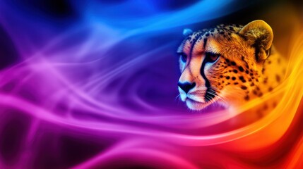 Wall Mural - A vibrant digital artwork featuring a cheetah's head against a colorful, swirling background.