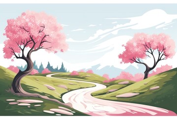 Sticker - Winding road in spring landscape outdoors painting.