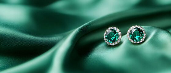 Elegant emerald earrings resting on luxurious green satin fabric, perfect for showcasing glamour and sophistication.