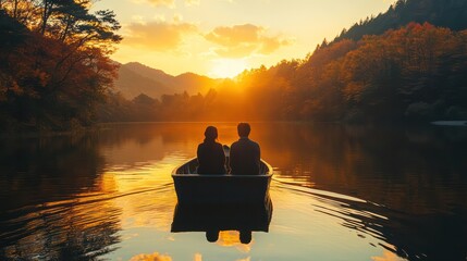 A couple is sitting in a boat on a lake, watching the sun set