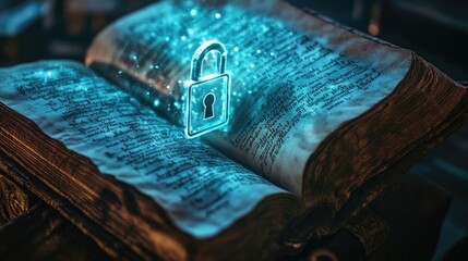 Cybersecurity meets history as a digital lock hovers over a worn manuscript, illustrating the safeguarding of ancient secrets through modern tech.