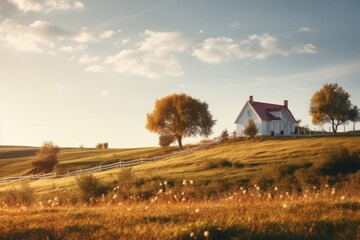 Canvas Print - Field farm hill field house architecture.