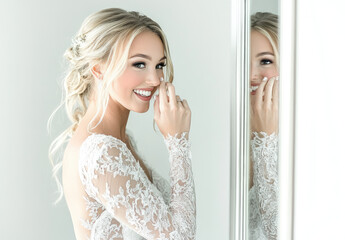 Wall Mural - A beautiful blonde bride in her wedding dress smiles at herself as she stands near the mirror