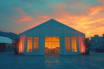 Elegant white tent at sunset, glowing warmly, designed for an outdoor event in a picturesque setting with vibrant sky colors