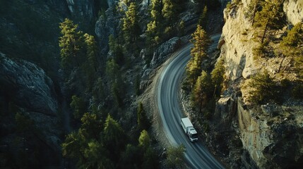 Poster - A truck navigates a winding mountain road surrounded by trees and rocky cliffs.