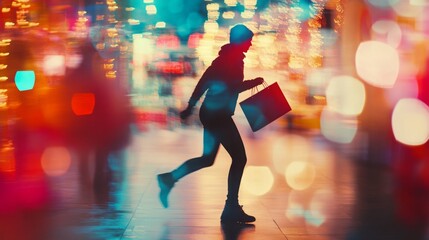 A person runs with a shopping bag in a vibrant, blurred environment. christmas, running, hurry