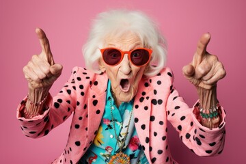 Wall Mural - Elderly lady with rock n roll hand gesture background clothing elderly.